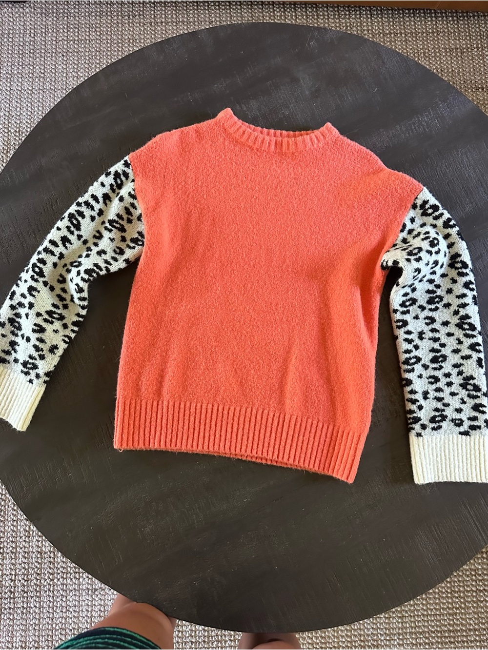 THML Coral Crewneck Sweater with Leopard-Print Cream Sleeves